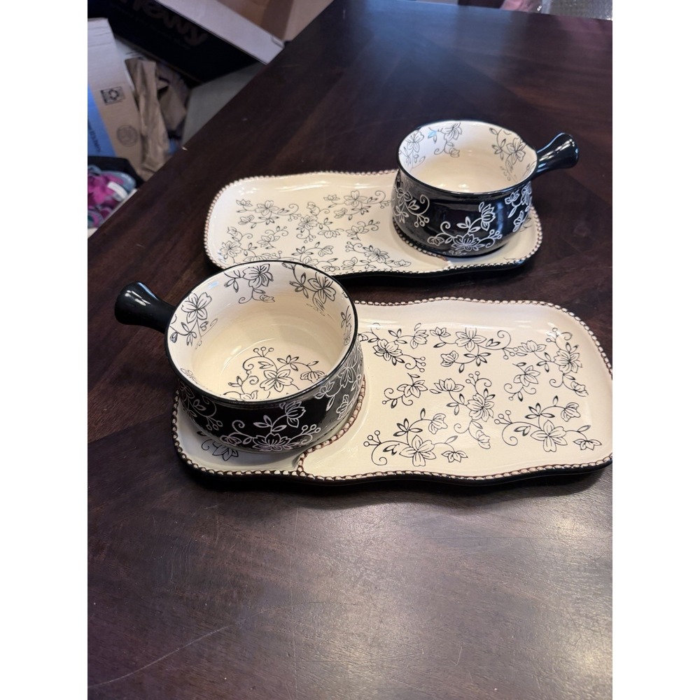 Temptations by Tara Soup Bowl 18 oz Sandwhich dish black floral lace ovenware